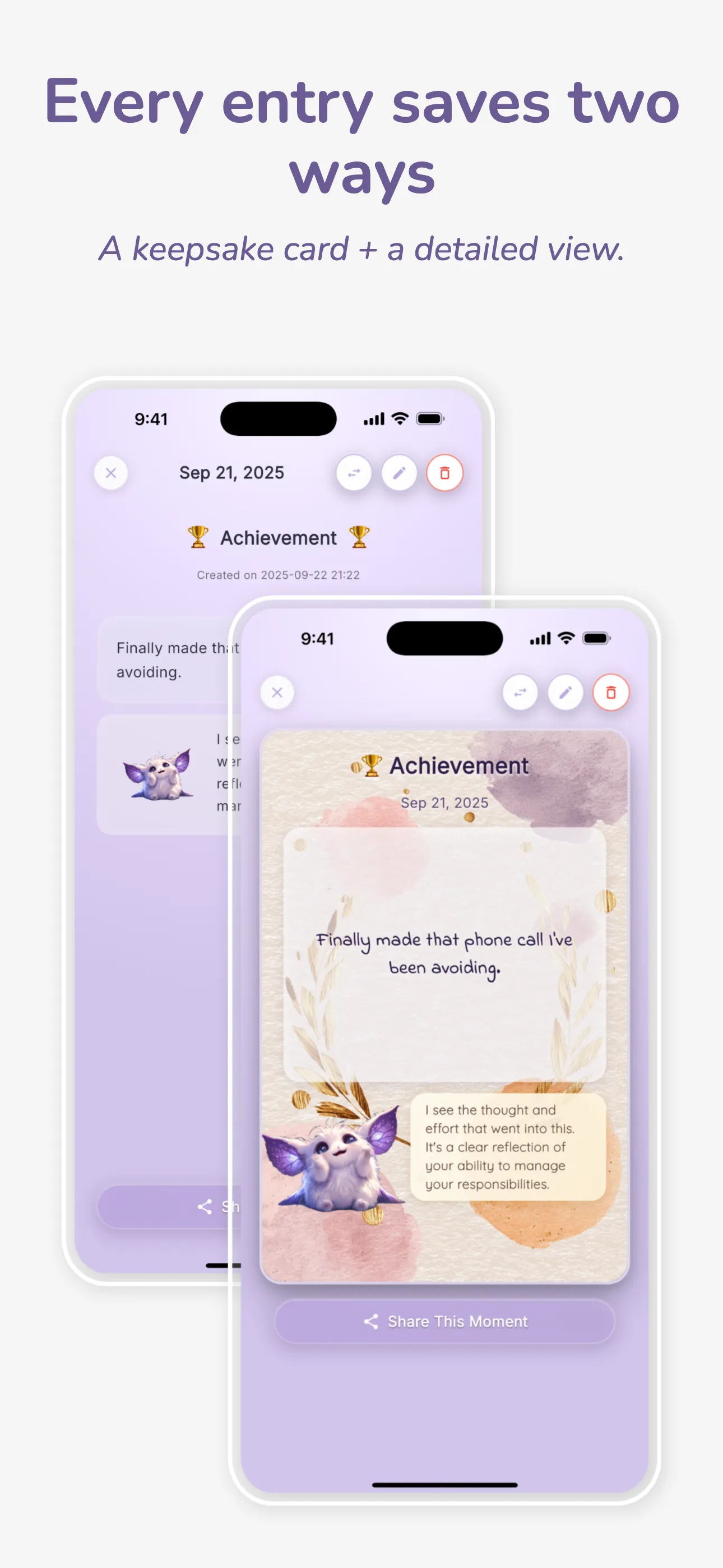 Keepsake card and detailed entry