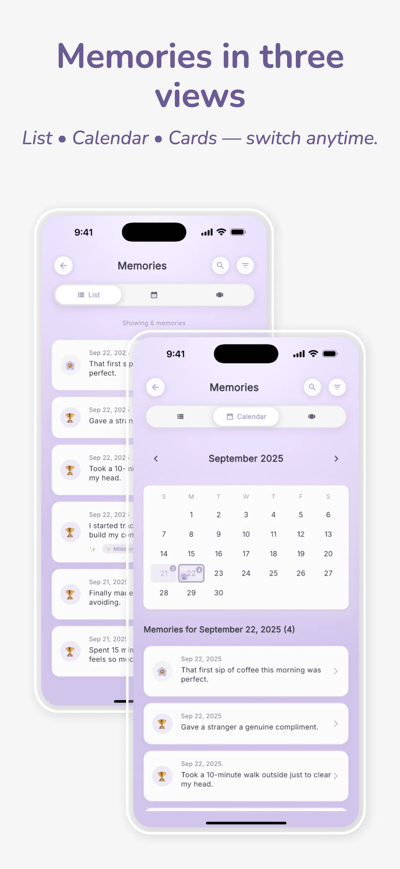 Memories list calendar and cards